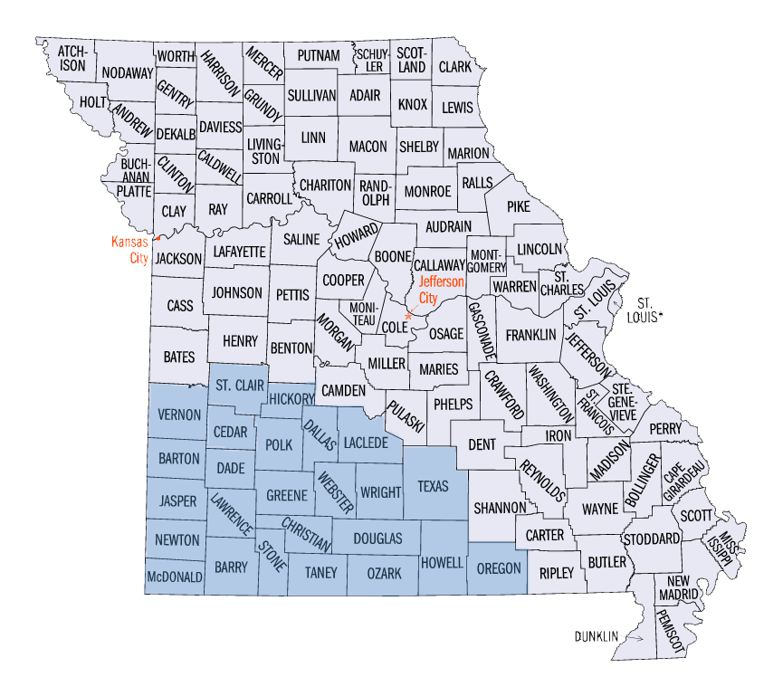 Map of Missouri counties with Barry, Barton, Cedar, Christian, Dade, Dallas, Douglas, Greene, Hickory, Howell, Jasper, Laclede, Lawrence, McDonald, Newton, Oregon, Ozark, Polk, St. Clair, Stone, Taney, Texas, Vernon, Webster, and Wright counties highlighted.