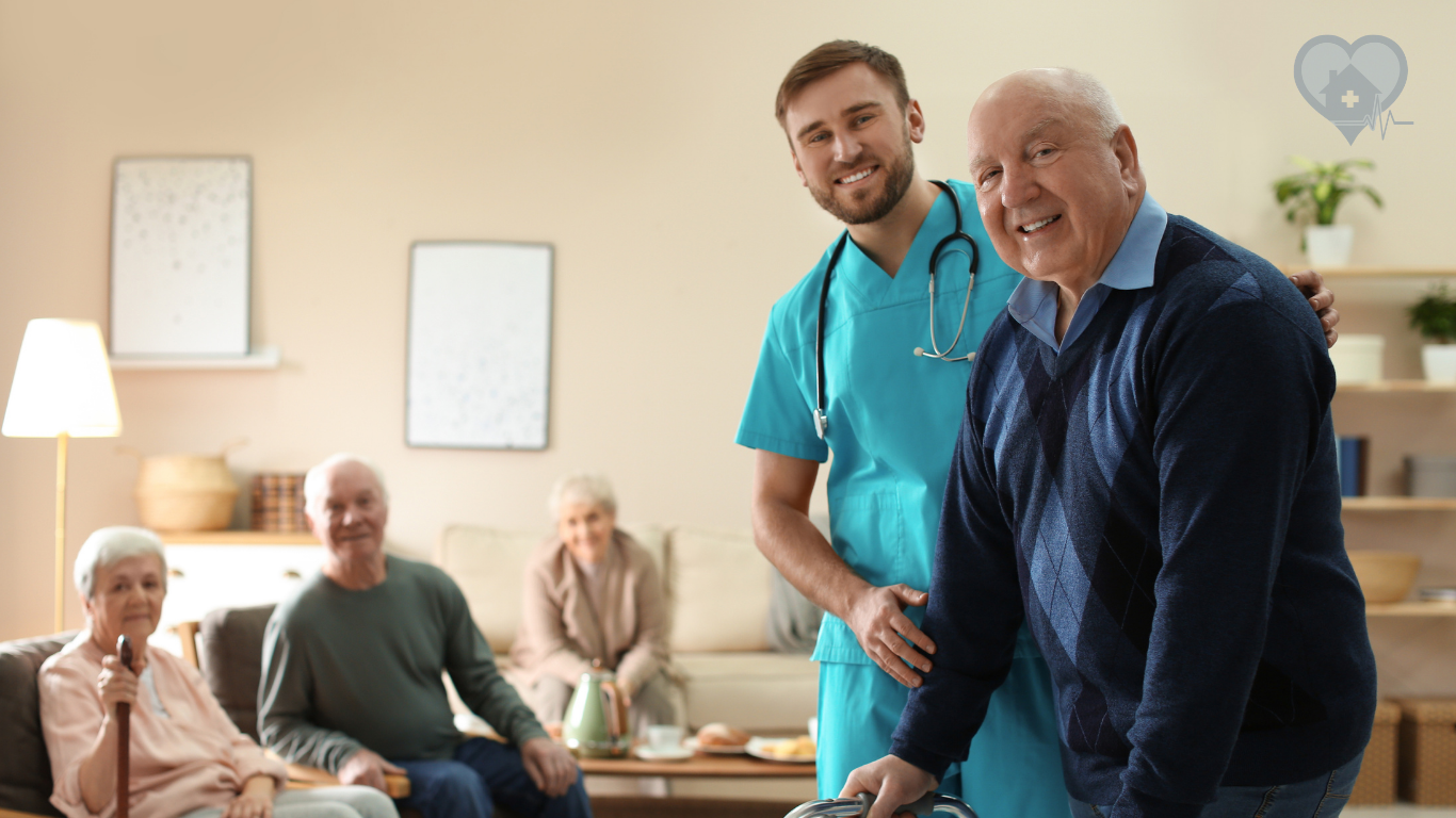 Group of seniors with a hospice nurse looking at the camara smiling