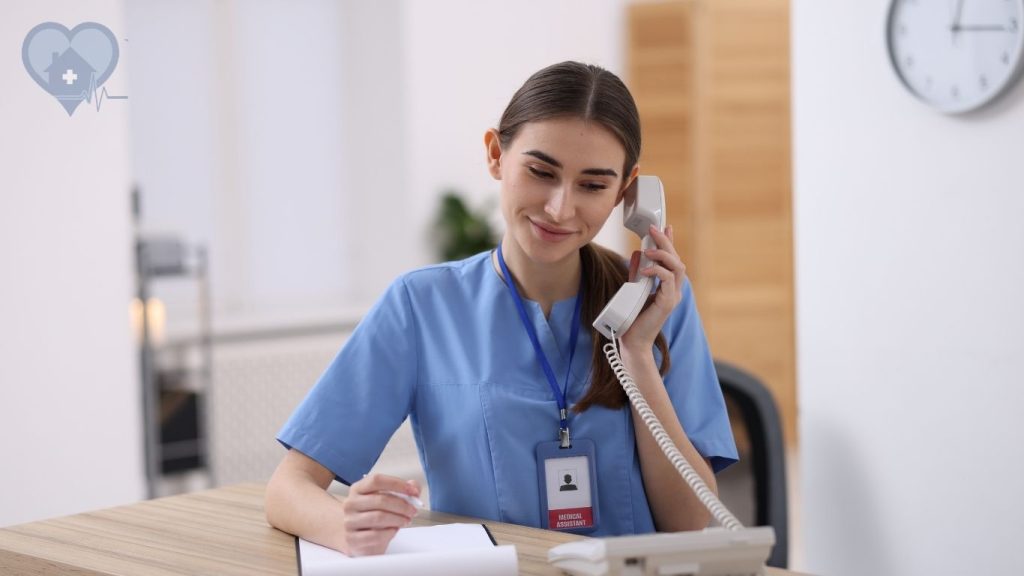 An adult daughter taking notes while calling home health agencies