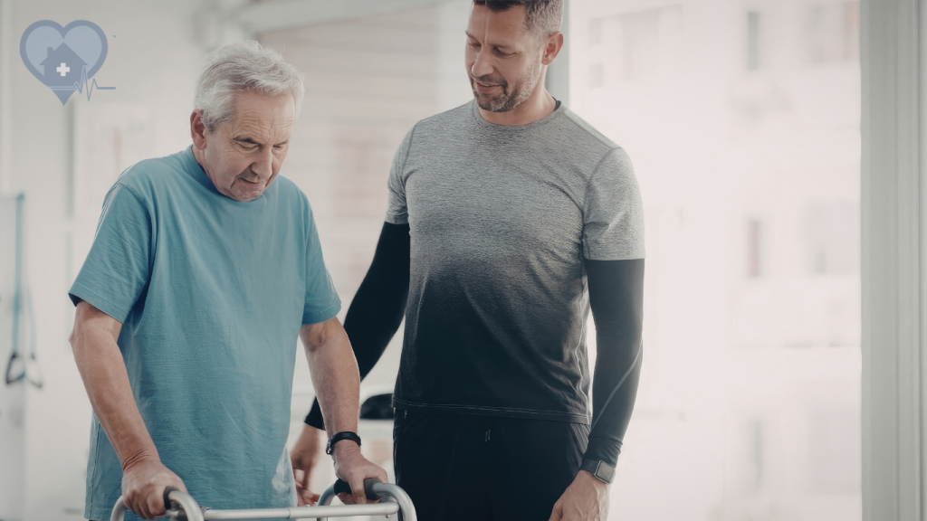 A caregiver helping an older adult walk safely at home